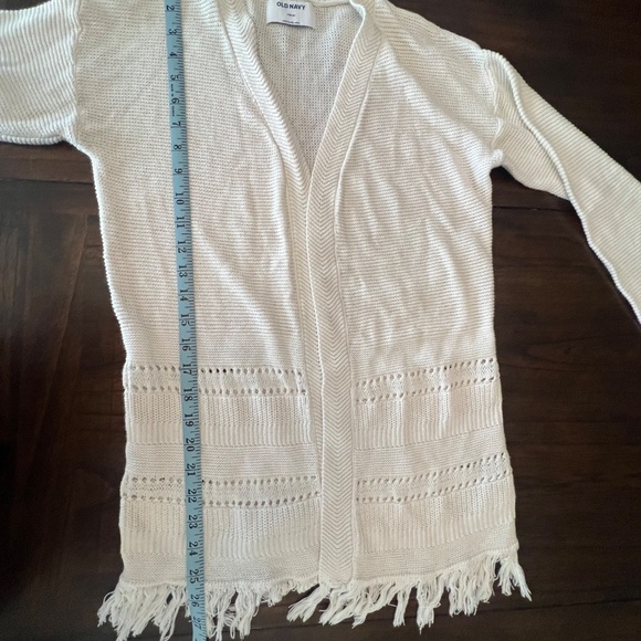 Girl's Fringe Hem Open Front Cream Sweater, Size Large 10/12 - Picture 6 of 9